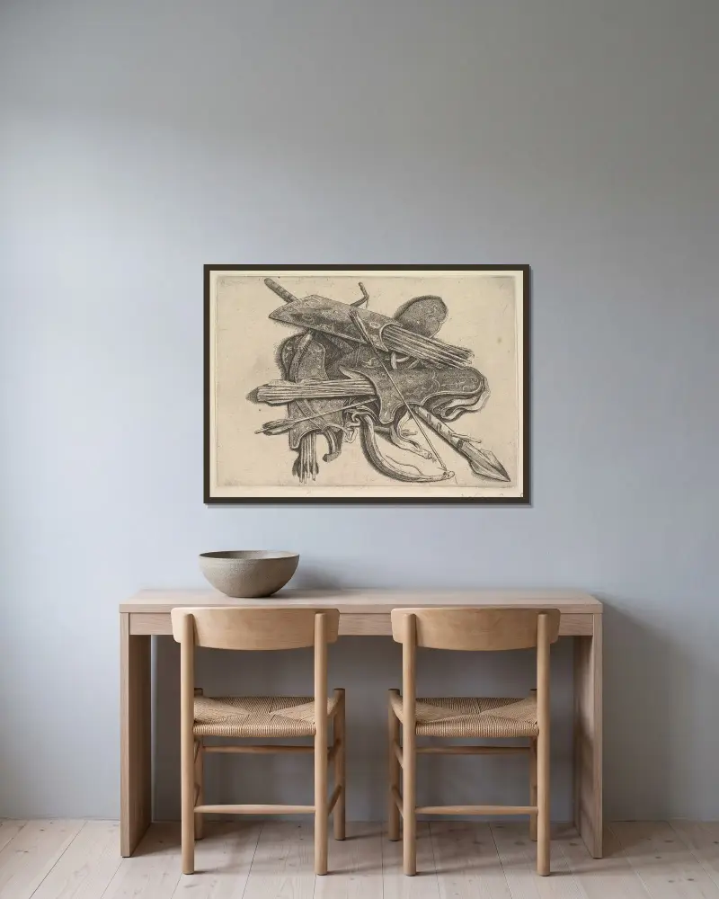 Bögen, Köcher und ein Speer von Wenceslaus Hollar gerahmt an einer Wand