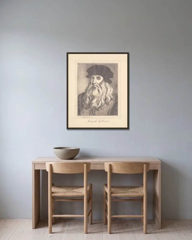 Karikaturen von Leonardo da Vinci, Taf. 02 von Wenceslaus Hollar gerahmt an einer Wand