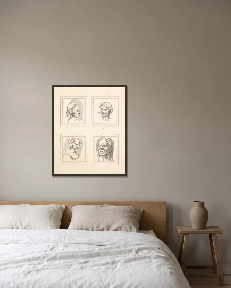 Karikaturen von Leonardo da Vinci, Taf. 06 von Wenceslaus Hollar gerahmt an einer Wand