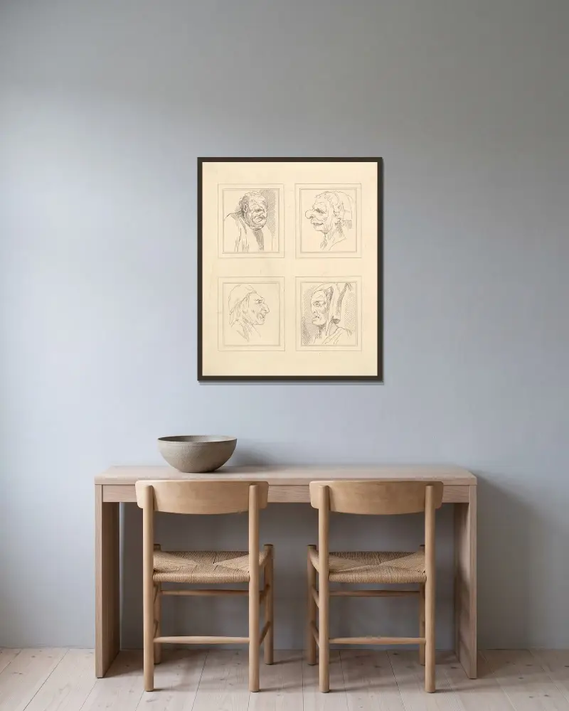 Karikaturen nach Leonardo da Vinci Taf. 9 von Wenceslaus Hollar gerahmt an einer Wand