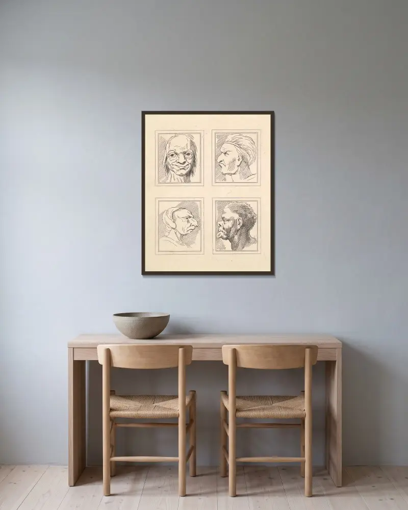 Karikaturen von Leonardo da Vinci, Tafel 12 von Wenceslaus Hollar gerahmt an einer Wand