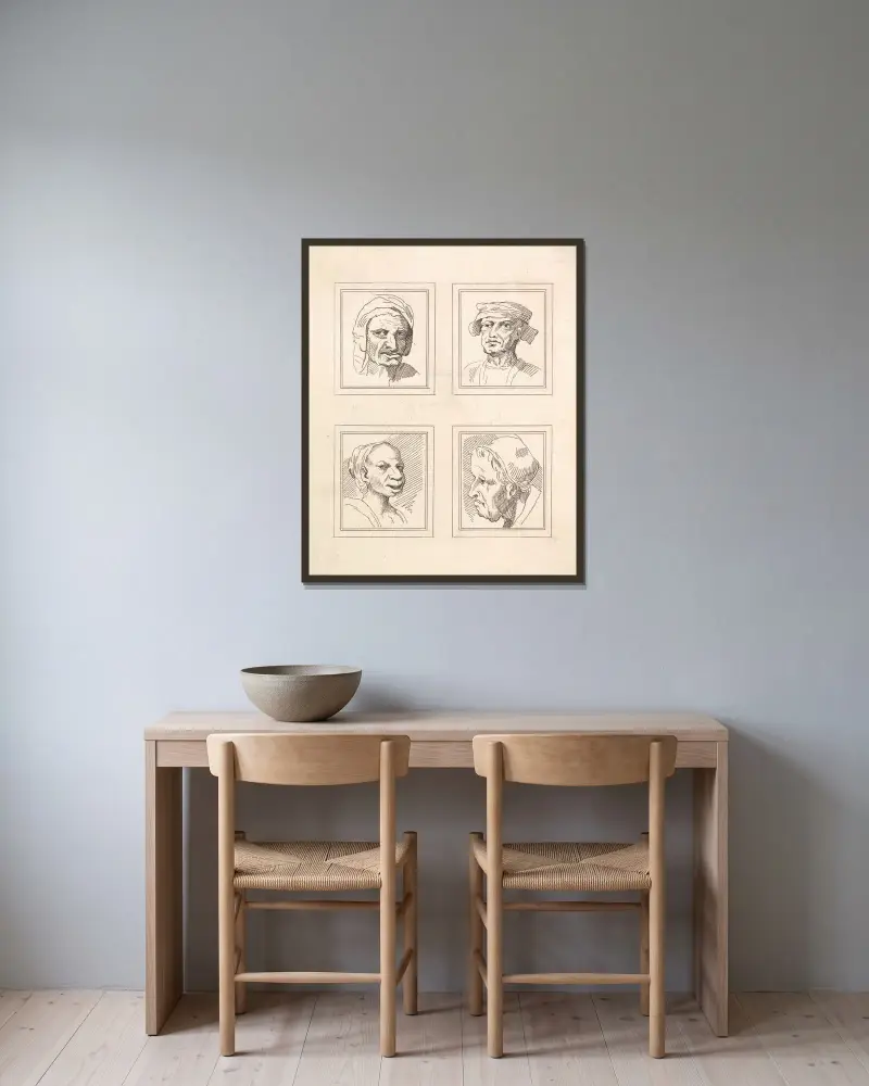 Karikaturen nach Leonardo da Vinci, Taf. 15 von Wenceslaus Hollar gerahmt an einer Wand
