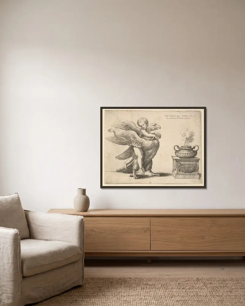 Amor und ein Adler von Wenceslaus Hollar gerahmt an einer Wand