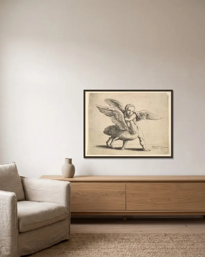 Amor und der Schwan von Wenceslaus Hollar gerahmt an einer Wand