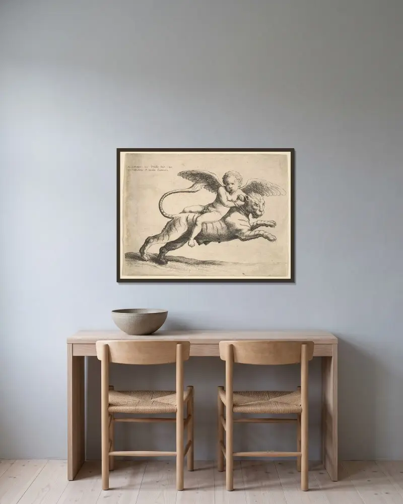 Amor auf einem Tiger von Wenceslaus Hollar gerahmt an einer Wand