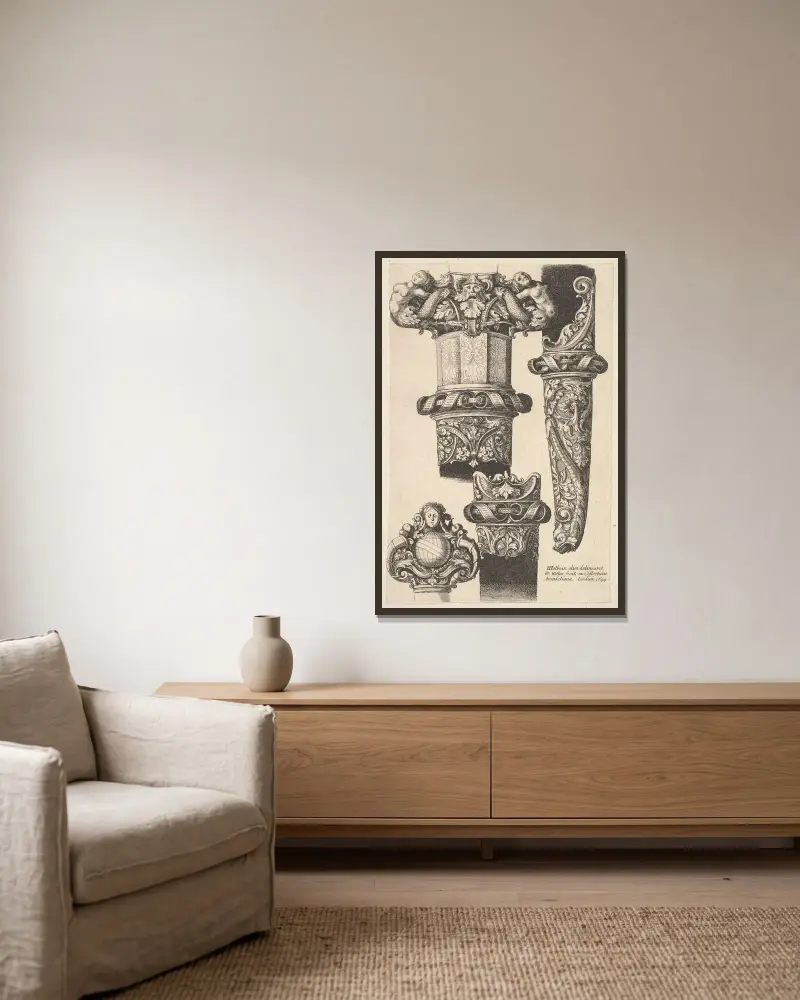 Dolche und Scheiden von Wenceslaus Hollar gerahmt an einer Wand