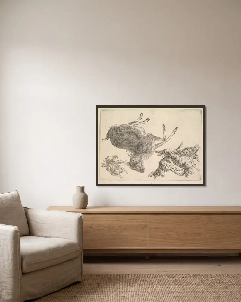 Toter Hirsch, Hasen und Wild von Wenceslaus Hollar gerahmt an einer Wand