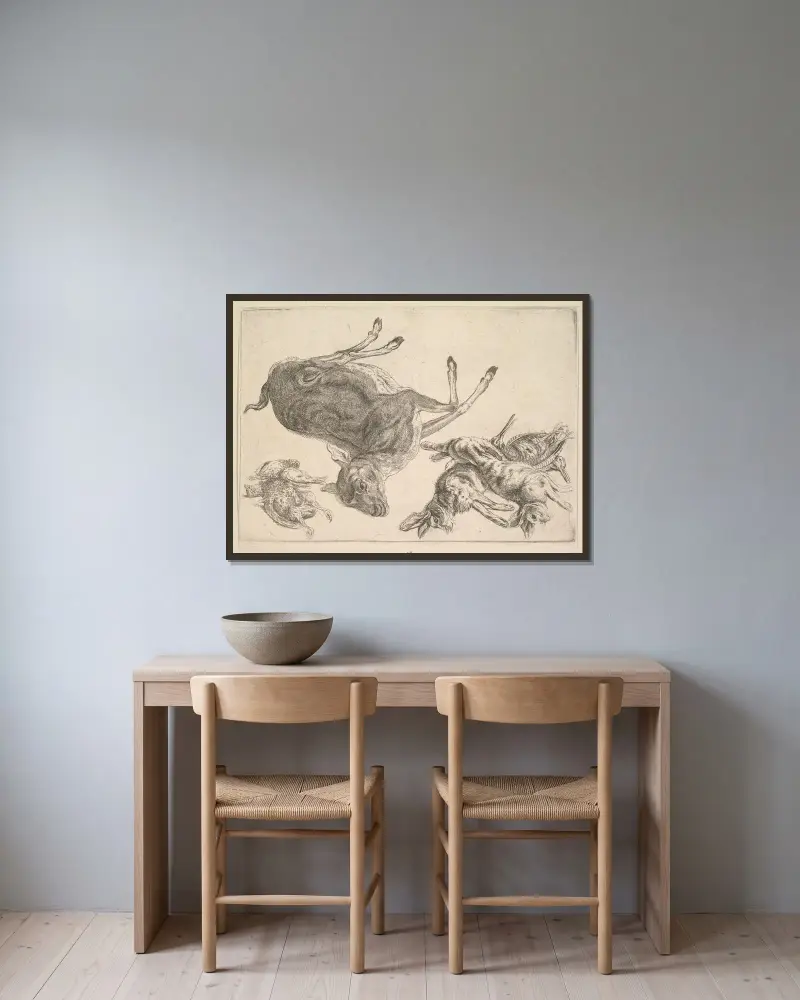 Toter Hirsch, Hasen und Wild von Wenceslaus Hollar gerahmt an einer Wand