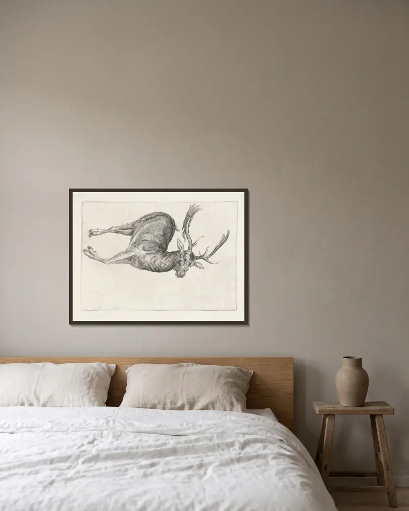 Dead fallow buck lying on its left side, with head to right av Wenceslaus Hollar inramad på en vägg