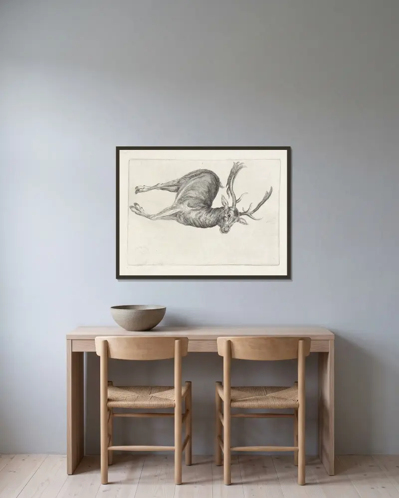 Dead fallow buck lying on its left side, with head to right av Wenceslaus Hollar inramad på en vägg