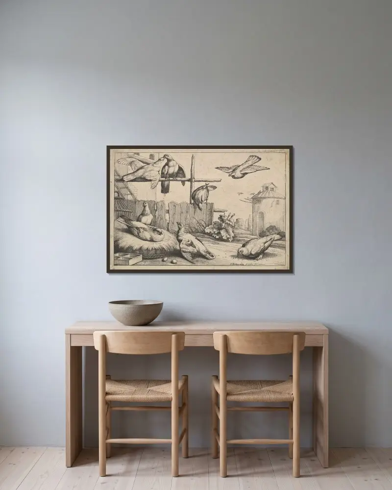 Åtta duvor på en bondgård vid ett duvslag, duvslag i bakgrunden av Wenceslaus Hollar inramad på en vägg