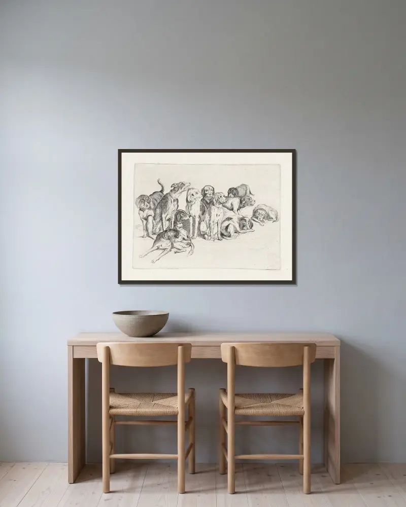 Elf Jagdhunde von Wenceslaus Hollar gerahmt an einer Wand