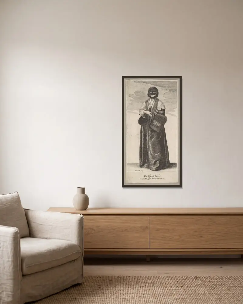 Englische Dame in Winterkleidung von Wenceslaus Hollar gerahmt an einer Wand