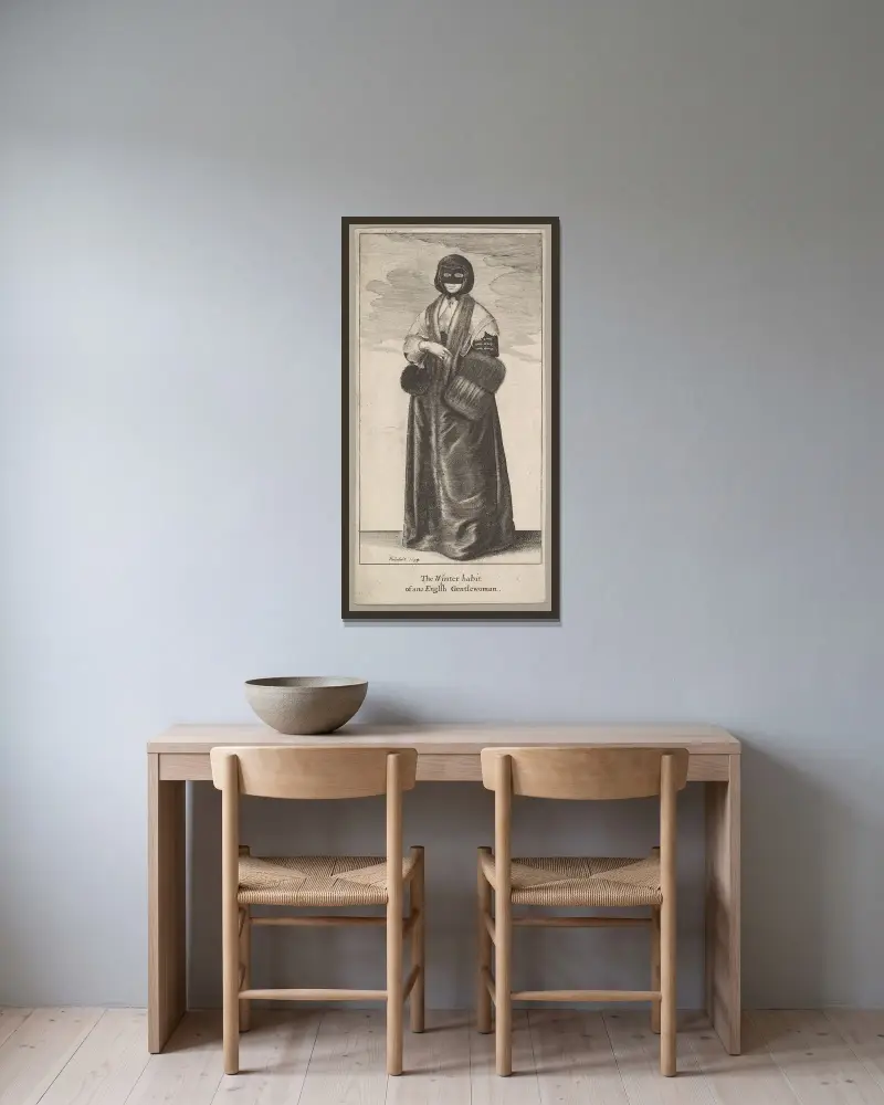 Englische Dame in Winterkleidung von Wenceslaus Hollar gerahmt an einer Wand