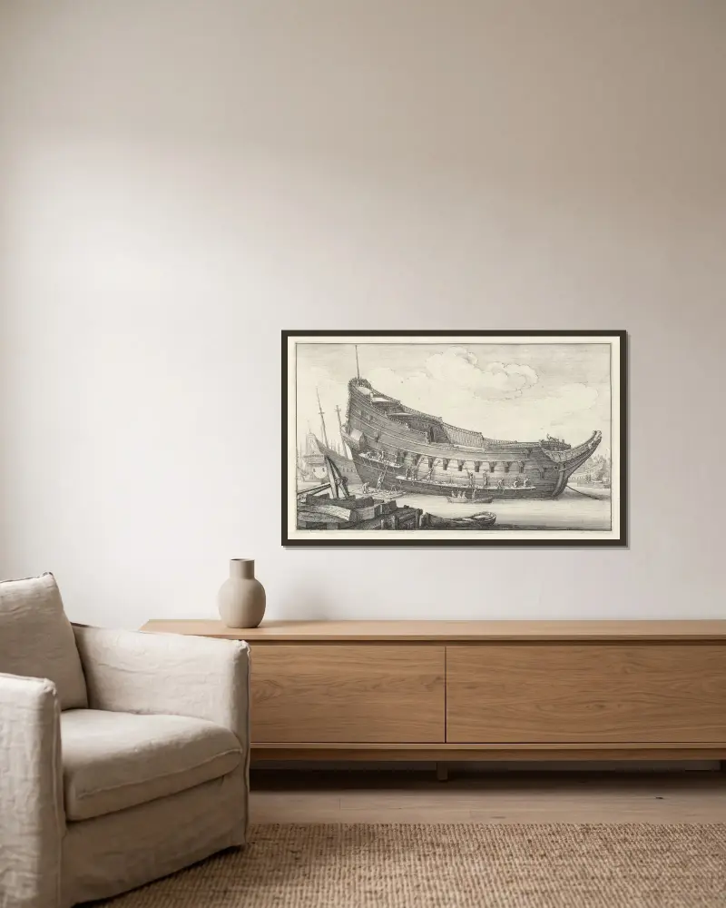 Ausrüstung eines Schiffsrumpfs von Wenceslaus Hollar gerahmt an einer Wand