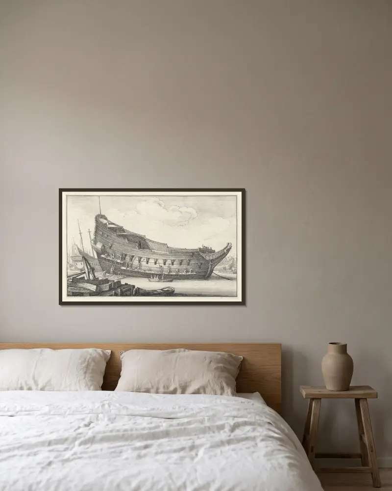 Ausrüstung eines Schiffsrumpfs von Wenceslaus Hollar gerahmt an einer Wand