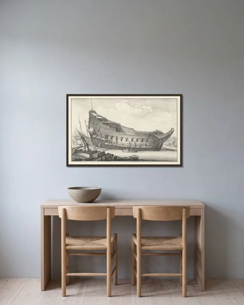 Ausrüstung eines Schiffsrumpfs von Wenceslaus Hollar gerahmt an einer Wand