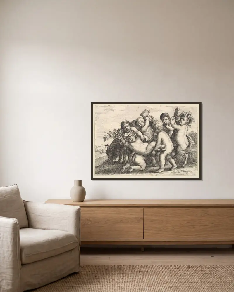 Fünf Jungen, zwei Satyrn und eine Ziege von Wenceslaus Hollar gerahmt an einer Wand