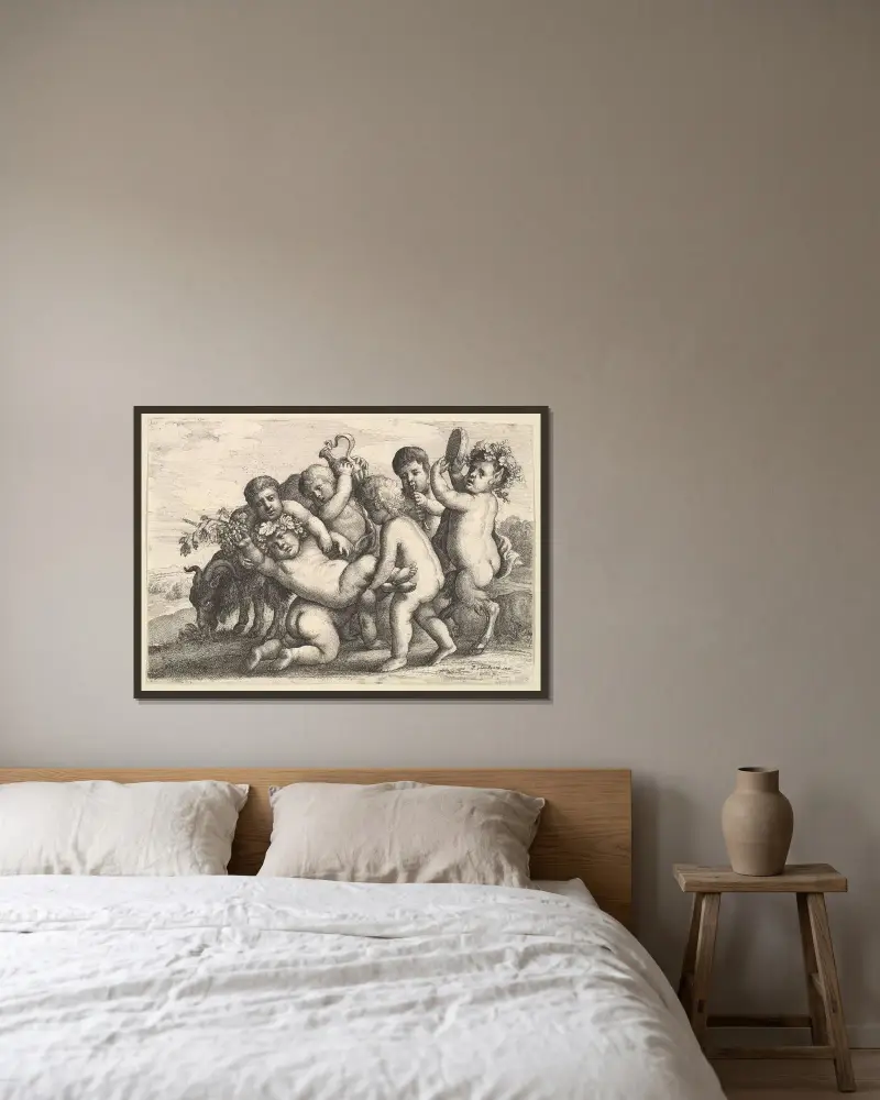 Fünf Jungen, zwei Satyrn und eine Ziege von Wenceslaus Hollar gerahmt an einer Wand