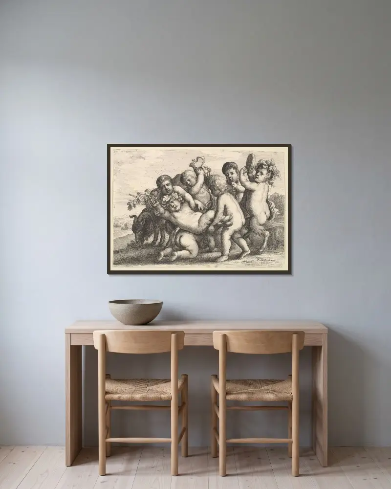 Fünf Jungen, zwei Satyrn und eine Ziege von Wenceslaus Hollar gerahmt an einer Wand