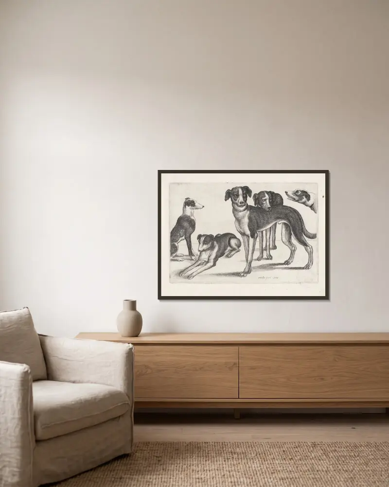 Fünf Hunde, der ganz links sitzend, der nächste liegend, die übrigen stehend von Wenceslaus Hollar gerahmt an einer Wand
