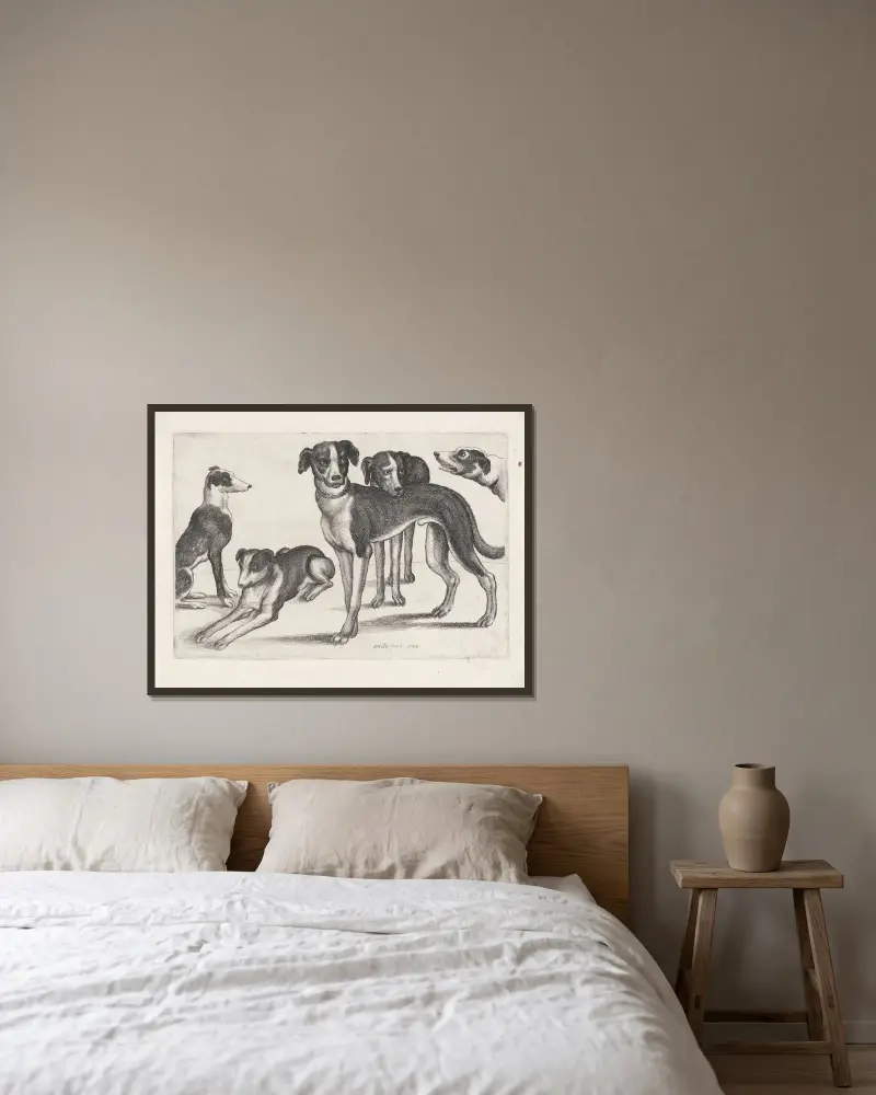 Fünf Hunde, der ganz links sitzend, der nächste liegend, die übrigen stehend von Wenceslaus Hollar gerahmt an einer Wand