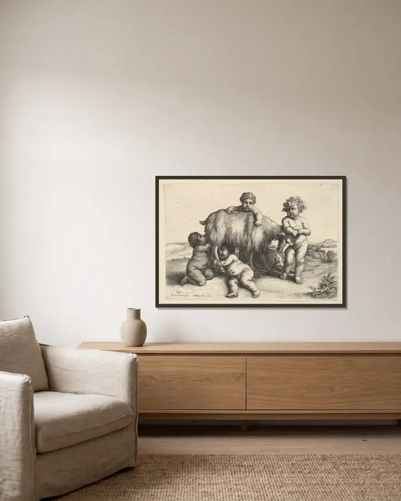Vier Jungen, ein junger Satyr und eine Ziege, 1647 – Nr. 1 von Wenceslaus Hollar gerahmt an einer Wand