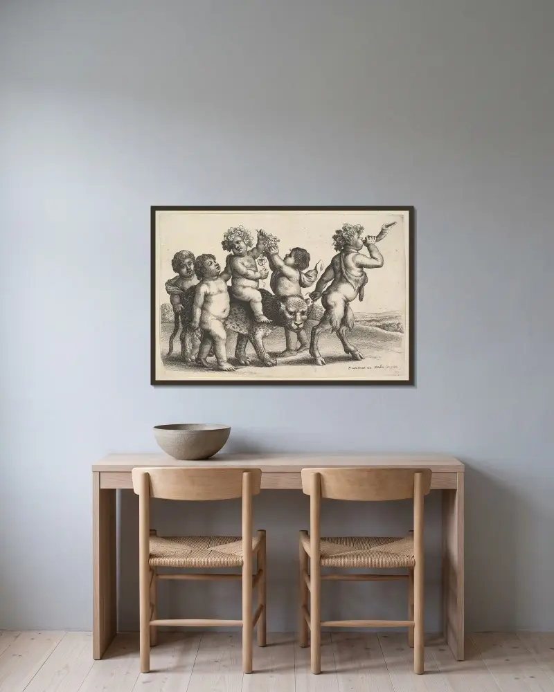 Vier Jungen, ein junger Satyr und ein Leopard von Wenceslaus Hollar gerahmt an einer Wand