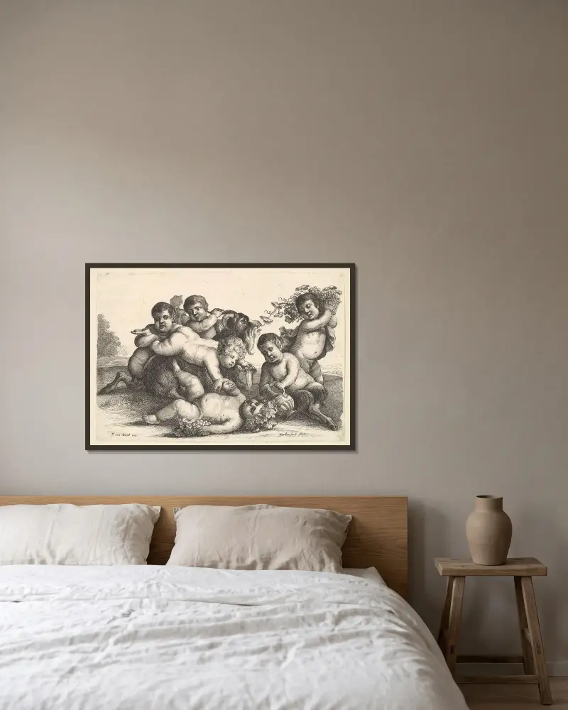 Vier Jungen, zwei Satyrn und eine Ziege von Wenceslaus Hollar gerahmt an einer Wand