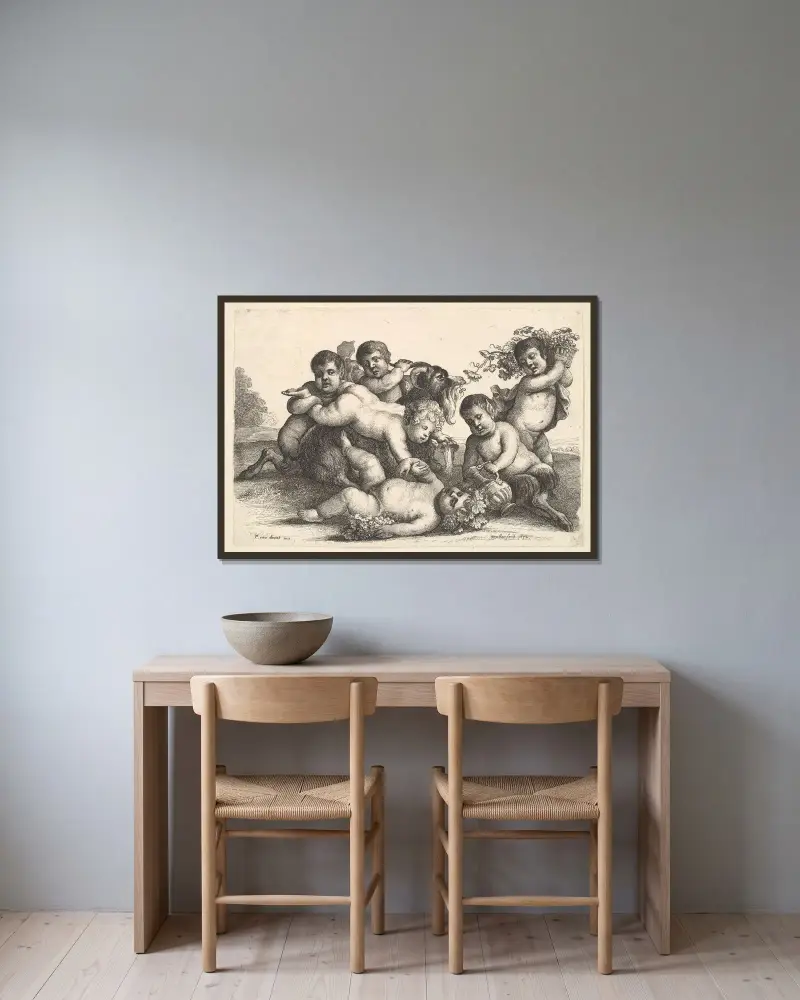 Vier Jungen, zwei Satyrn und eine Ziege von Wenceslaus Hollar gerahmt an einer Wand
