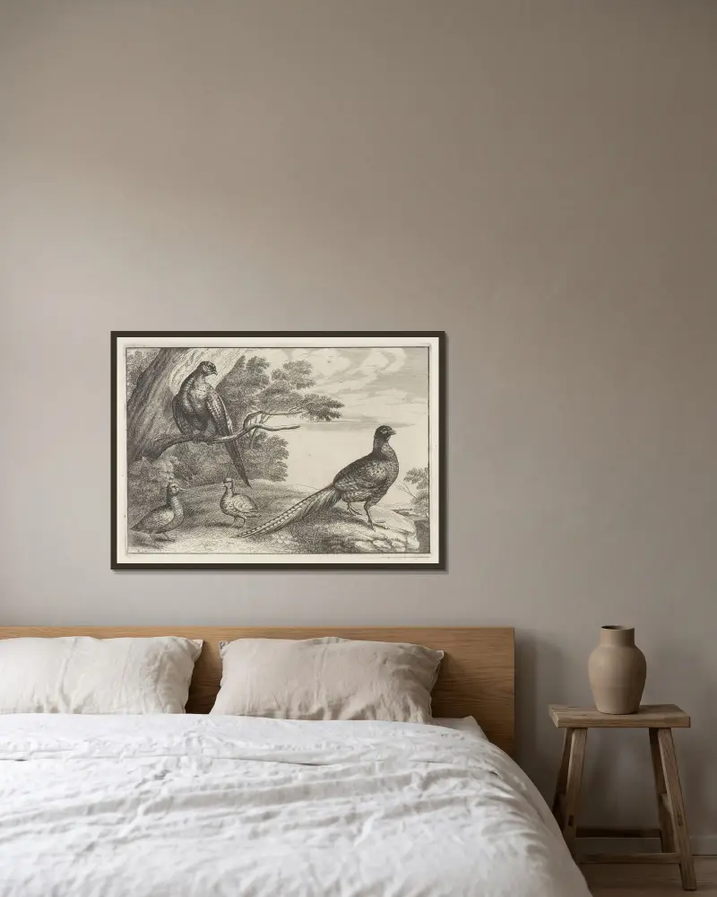 Fyra fasaner i ett skogslandskap, en av dem stående på en trädgren till vänster av Wenceslaus Hollar inramad på en vägg