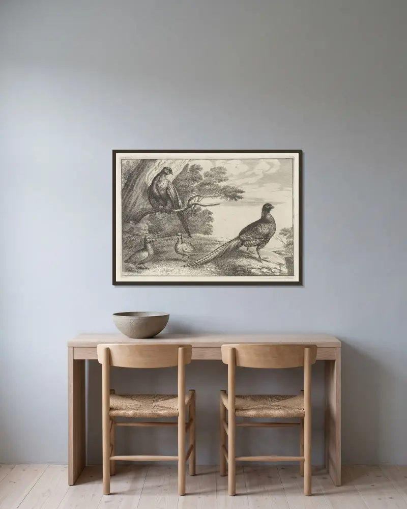 Fyra fasaner i ett skogslandskap, en av dem stående på en trädgren till vänster av Wenceslaus Hollar inramad på en vägg