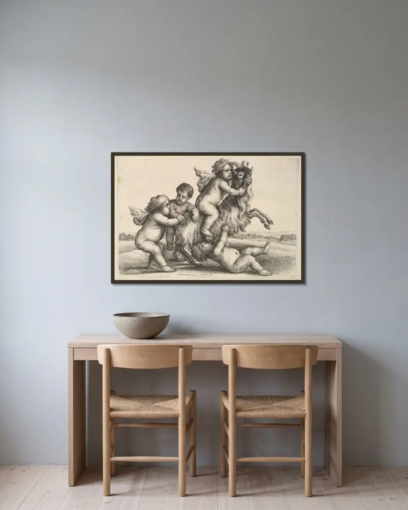 Vier kleine Jungen und eine Ziege von Wenceslaus Hollar gerahmt an einer Wand