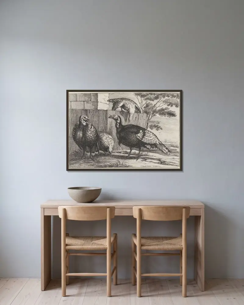 Fyra kalkoner vid ett staket av Wenceslaus Hollar inramad på en vägg