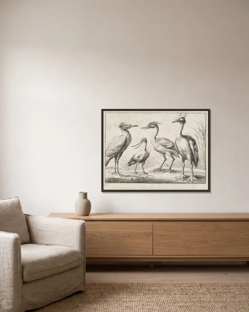 Vier Watvögel am Flussufer von Wenceslaus Hollar gerahmt an einer Wand