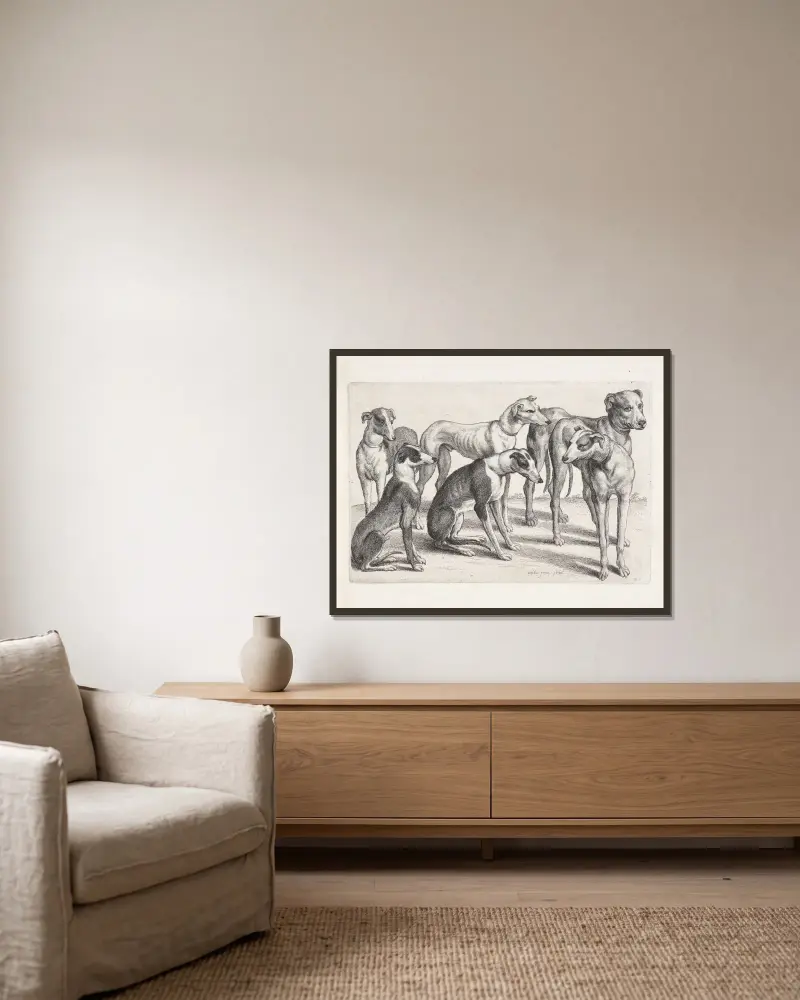 Grupa sześciu psów gończych na polu, Wenceslaus Hollar w ramie na ścianie