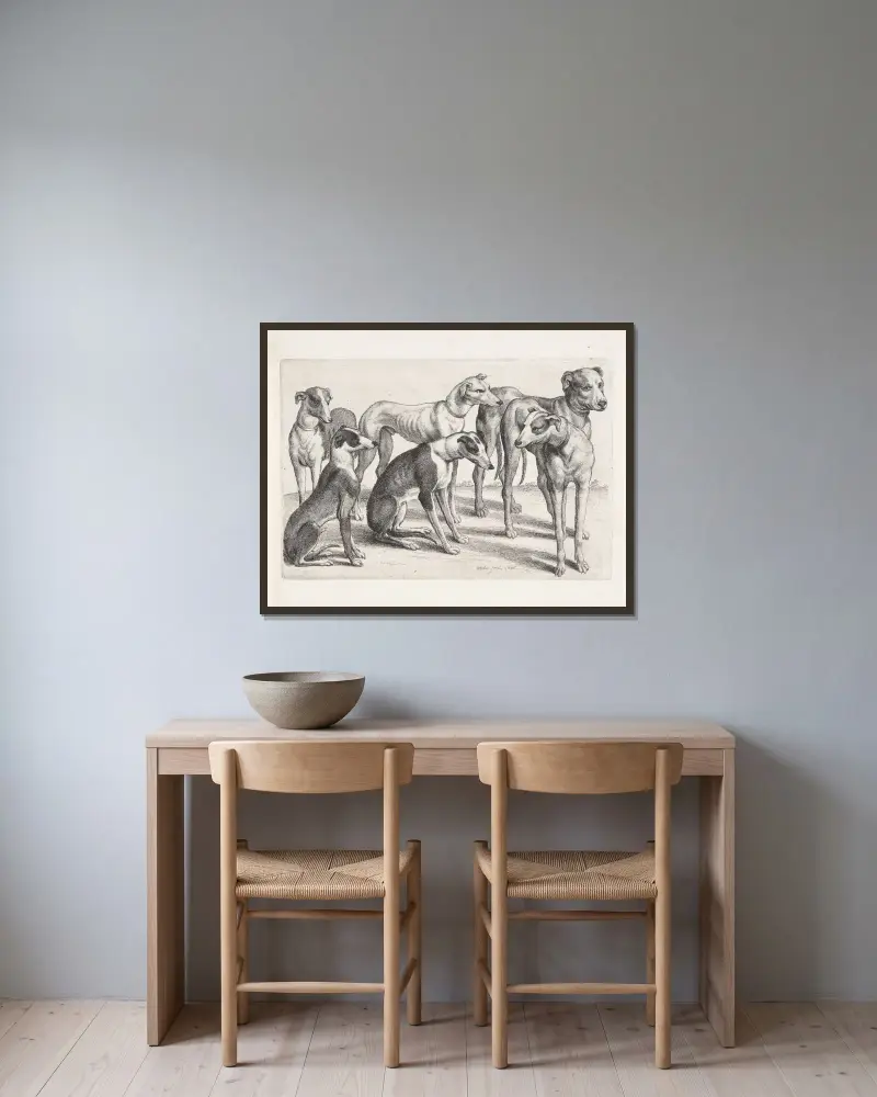 Grupa sześciu psów gończych na polu, Wenceslaus Hollar w ramie na ścianie
