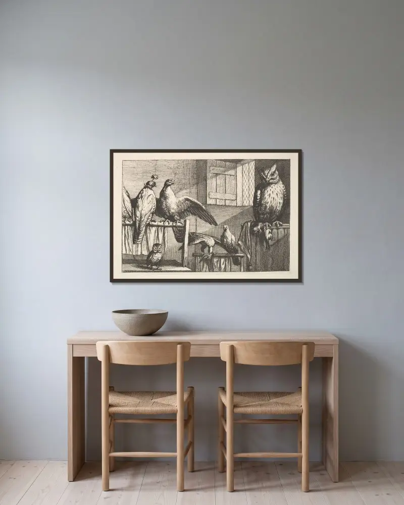 Habichte und Eulen von Wenceslaus Hollar gerahmt an einer Wand
