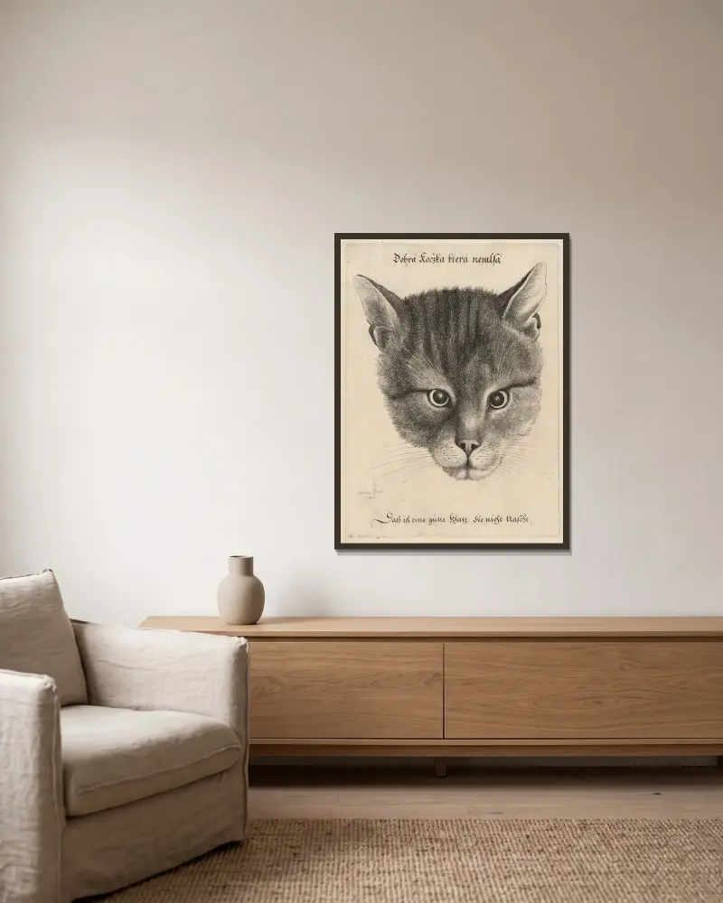 Katzenkopf von Wenceslaus Hollar gerahmt an einer Wand