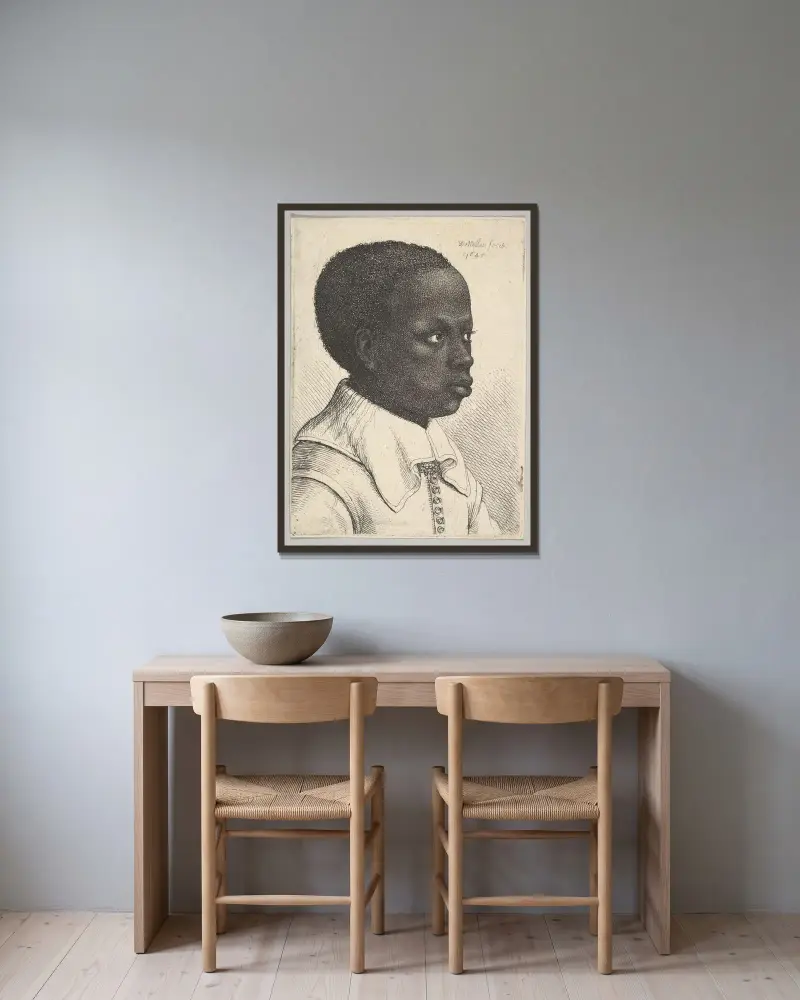 Głowa młodego czarnoskórego chłopca w profilu zwrócona w prawo, Wenceslaus Hollar w ramie na ścianie