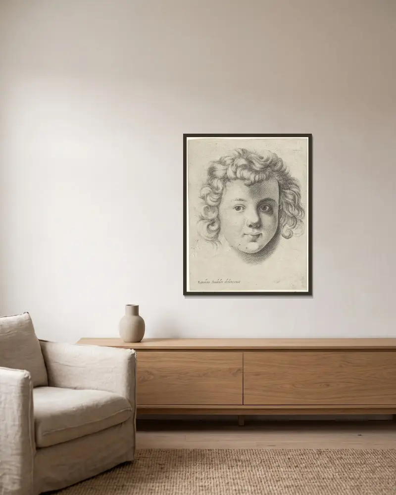 Kopf eines Kindes von Wenceslaus Hollar gerahmt an einer Wand