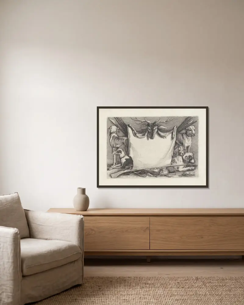 Hunde, Jagdgeräte und Wild – Titelblatt von Wenceslaus Hollar gerahmt an einer Wand