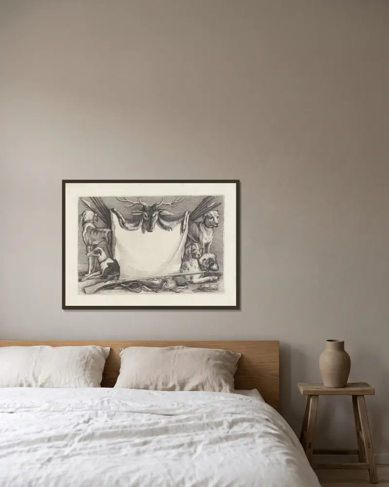 Hunde, Jagdgeräte und Wild – Titelblatt von Wenceslaus Hollar gerahmt an einer Wand