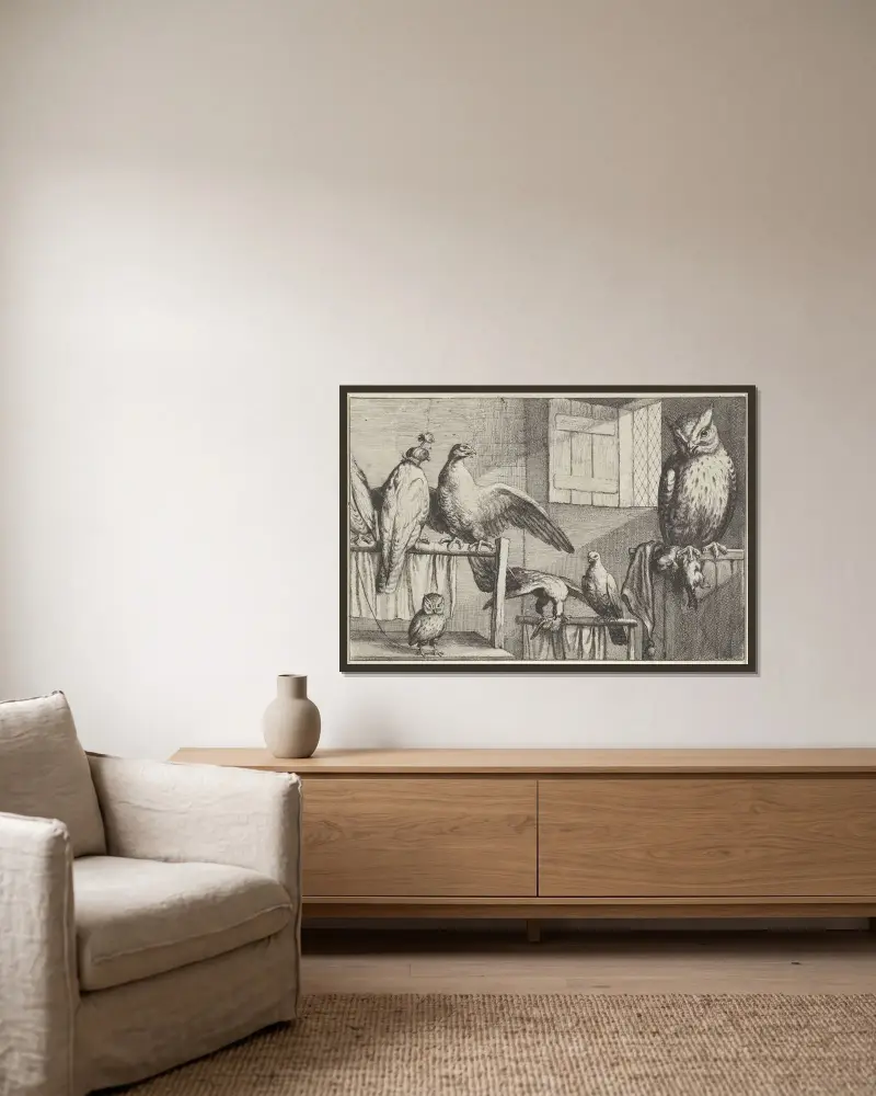 In einem Raum mit Ziegelwand und offenem Fenster, mehrere gefangene Vögel ruhen auf Holzstangen von Wenceslaus Hollar gerahmt an einer Wand