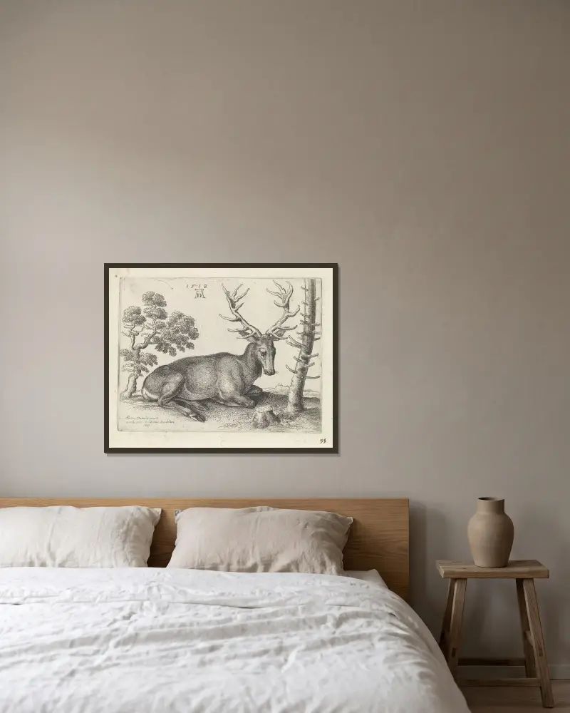 Leżący jeleń, w prawo, Wenceslaus Hollar w ramie na ścianie