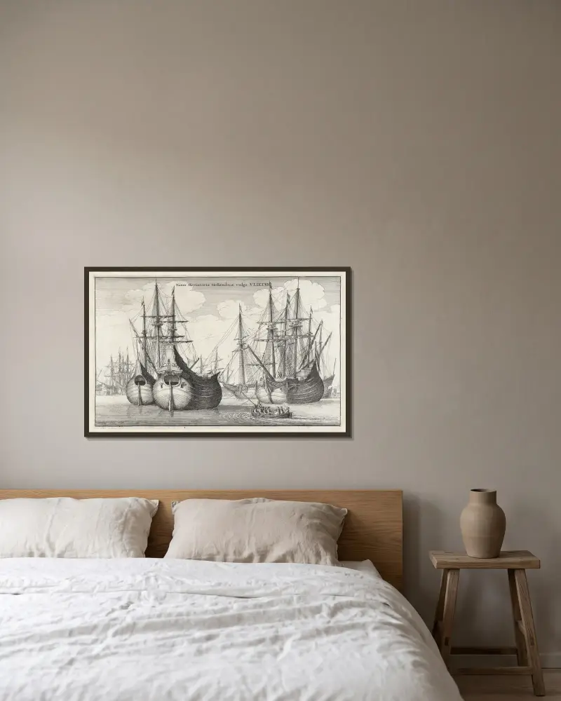Naues Mercantoriæ Hollandicæ, vulgo VLIETEN av Wenceslaus Hollar inramad på en vägg