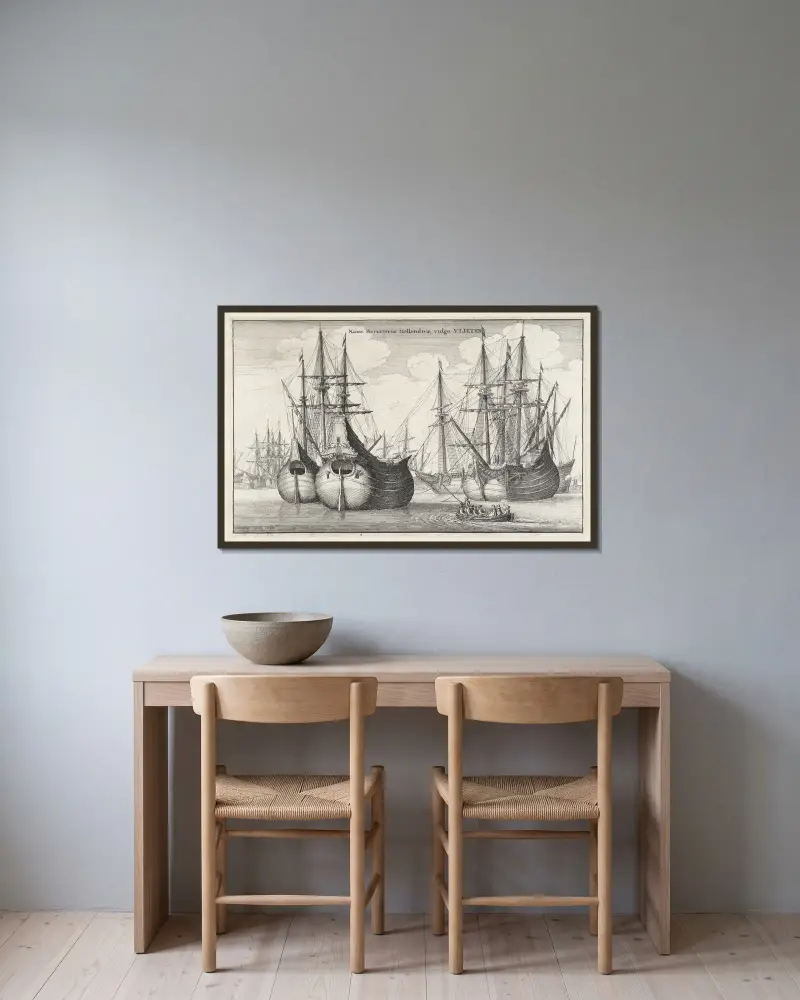 Naues Mercantoriæ Hollandicæ, vulgo VLIETEN av Wenceslaus Hollar inramad på en vägg