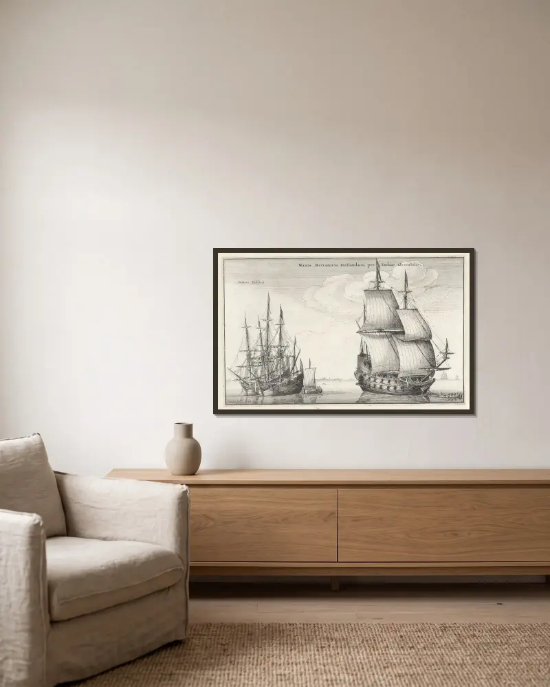 Holländische Handelsschiffe über Westindien von Wenceslaus Hollar gerahmt an einer Wand