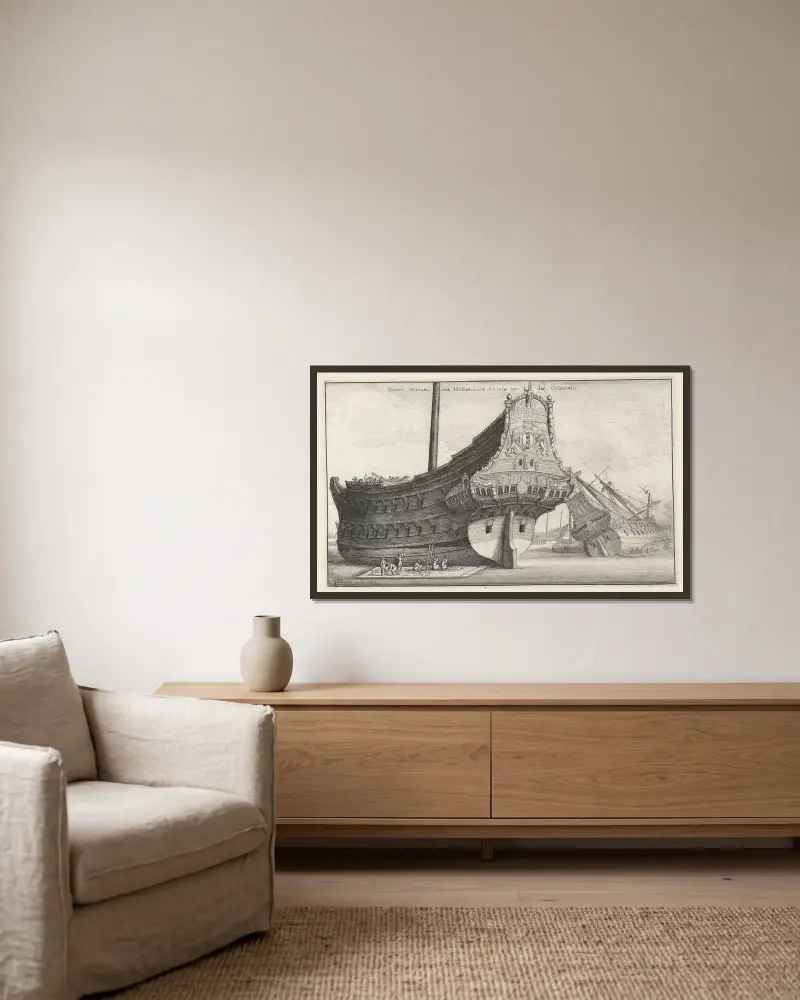 Naues Mercatoriæ Hollandicæ Societis Indiæ Orientalis av Wenceslaus Hollar inramad på en vägg