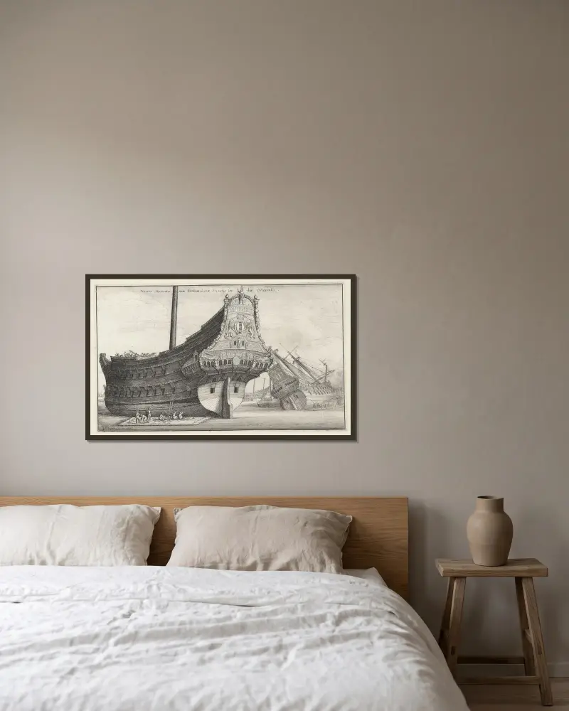 Naues Mercatoriæ Hollandicæ Societis Indiæ Orientalis av Wenceslaus Hollar inramad på en vägg